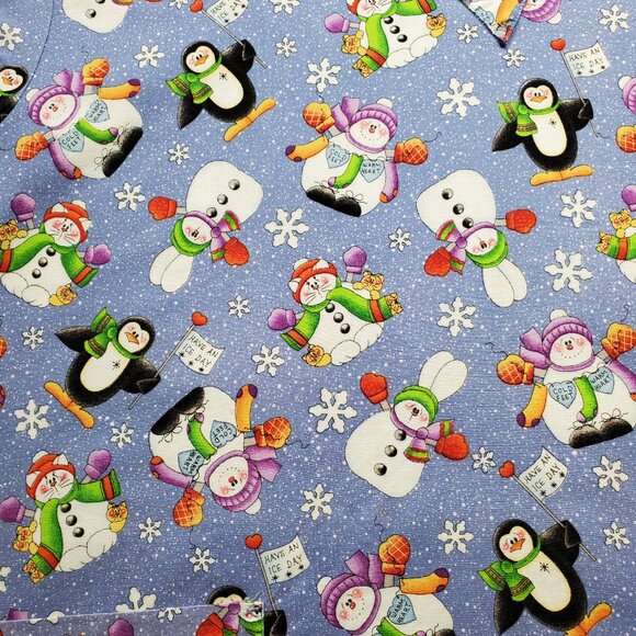 Snowman and Penguin Holiday Graphics V-neck Scrub Top 2 Pockets Blue Wm Sz 3XL - Picture 4 of 10